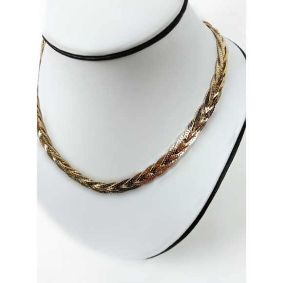 Braided Herringbone Chain Necklace Gold Tone 18" - Picture 2 of 4